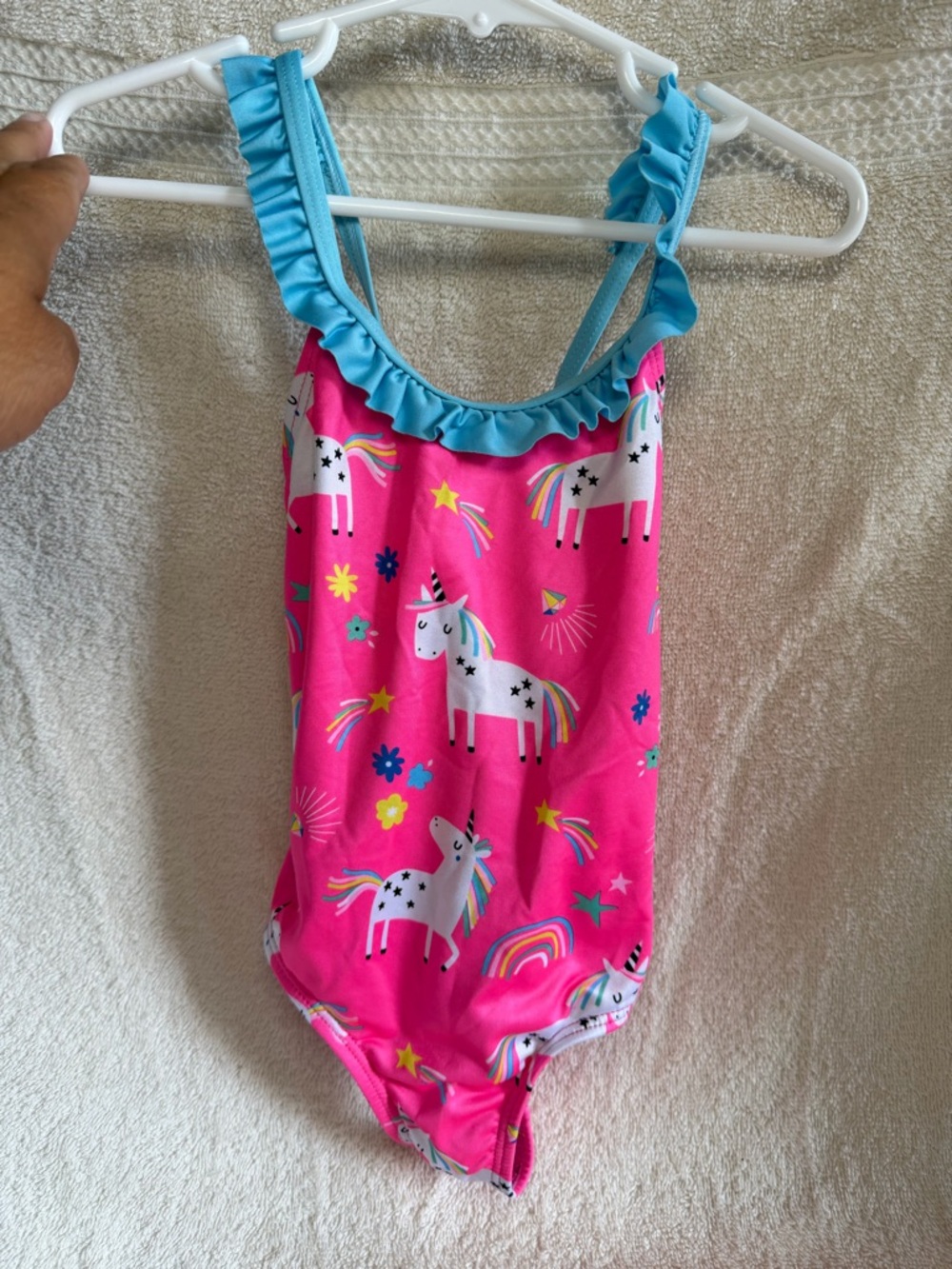 Wippette Girls Pink Unicorn One-Piece Swimsuit with Blue Ruffle Straps